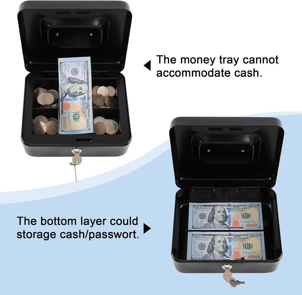 Durable Medium Cash Box with Key Lock & Removable Tray, Secure Black Storage