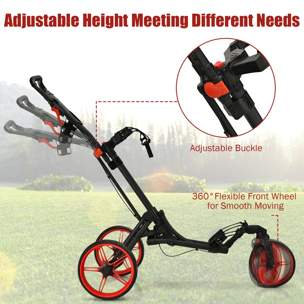 3 Wheels Foldable Golf Push Pull Cart Trolley w/ Adjustable Handle Brake Red