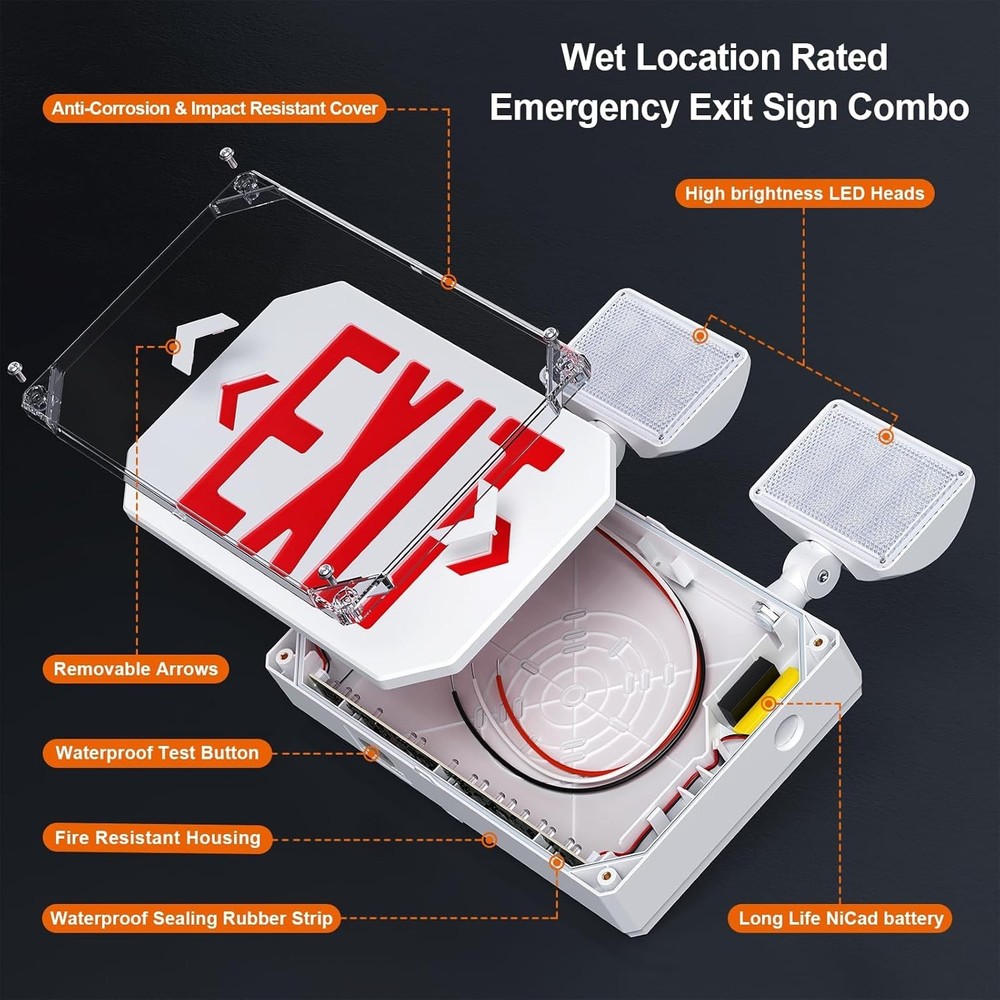 Wet Location Emergency Exit Sign Adjustable Light Battery Double Sided LED NOB