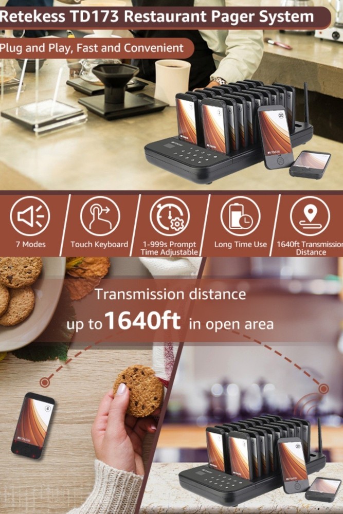 Restaurant Pager, Queue Wireless Calling System, 1640ft Working Distance TD173