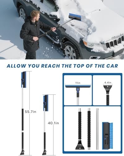 Extra Long 55.7" Ice Scraper for Car Windshield - Multi-Functional Snow Brush wi