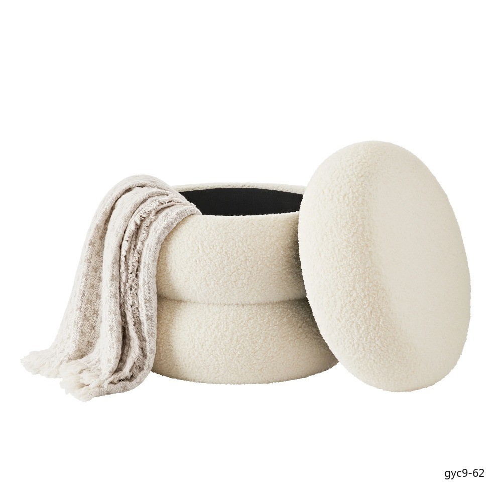 Cream Boucle Cloud Storage Ottoman Soft Upholstered Footstool Organizer