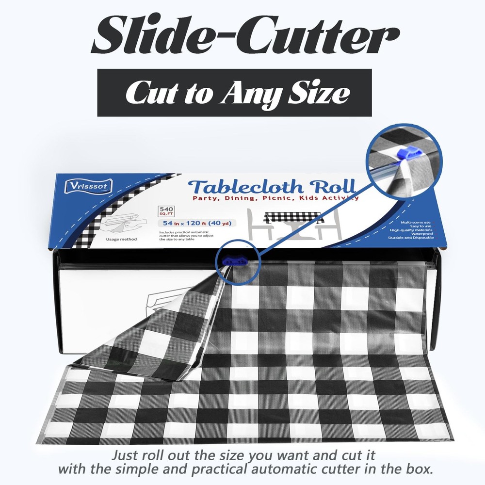 Vrisssot Plastic Table Cover 1440" x 54" (Rectangular), Black Checkered