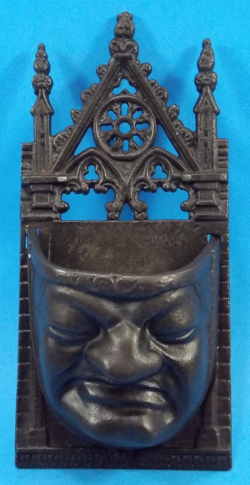 Victorian Cast Iron Match Holder W/Striker Gothic Gargoyle Grumpy Face 7.5"