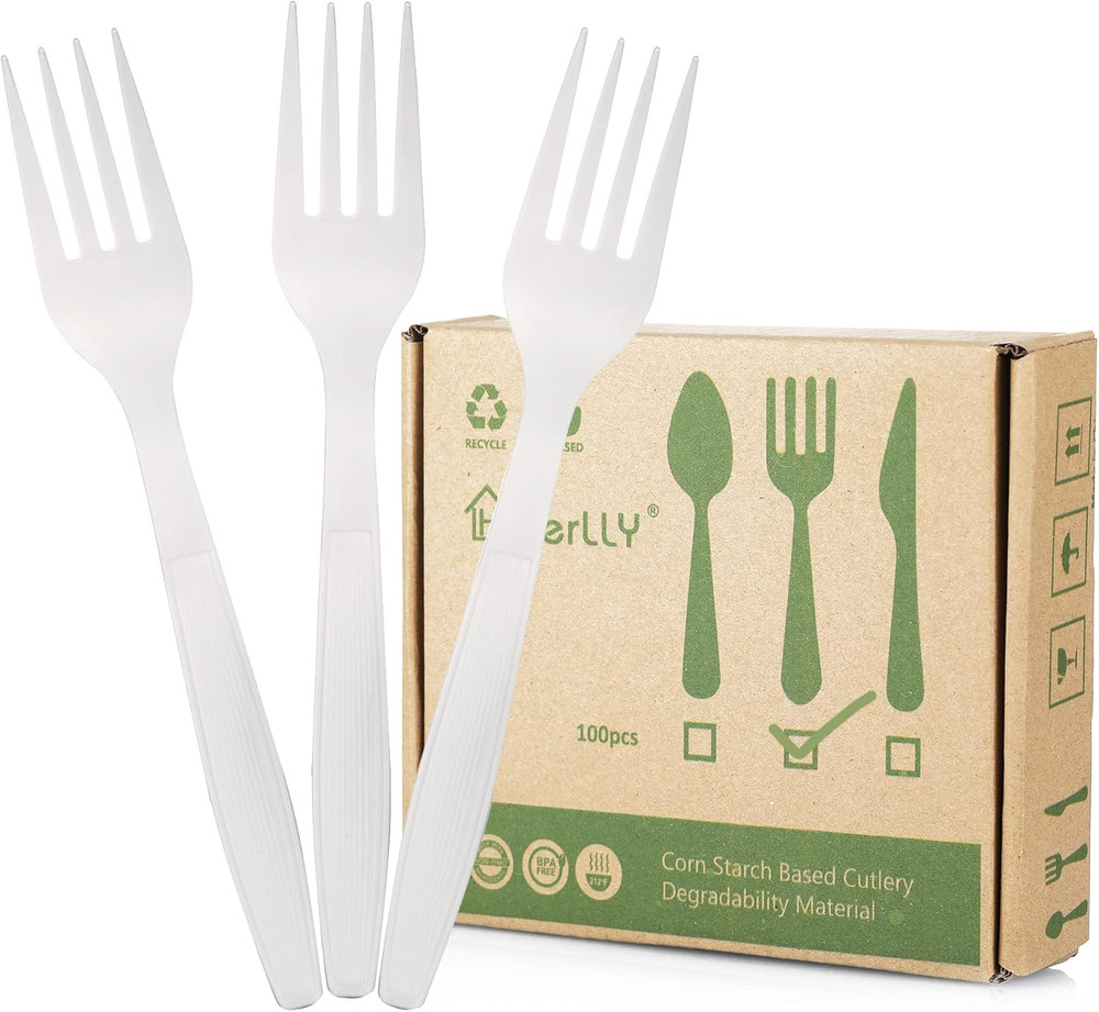 Compostable Fork,100 Biodegradable Silverware for Party,Large Disposable Uten...