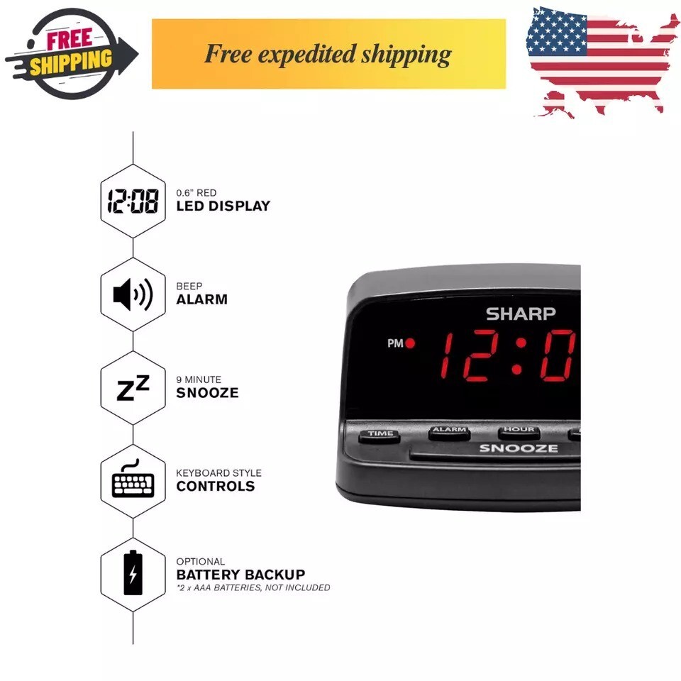 Digital Alarm Clock, SHARP, Midnight Black, Easy Controls, Red LED Display