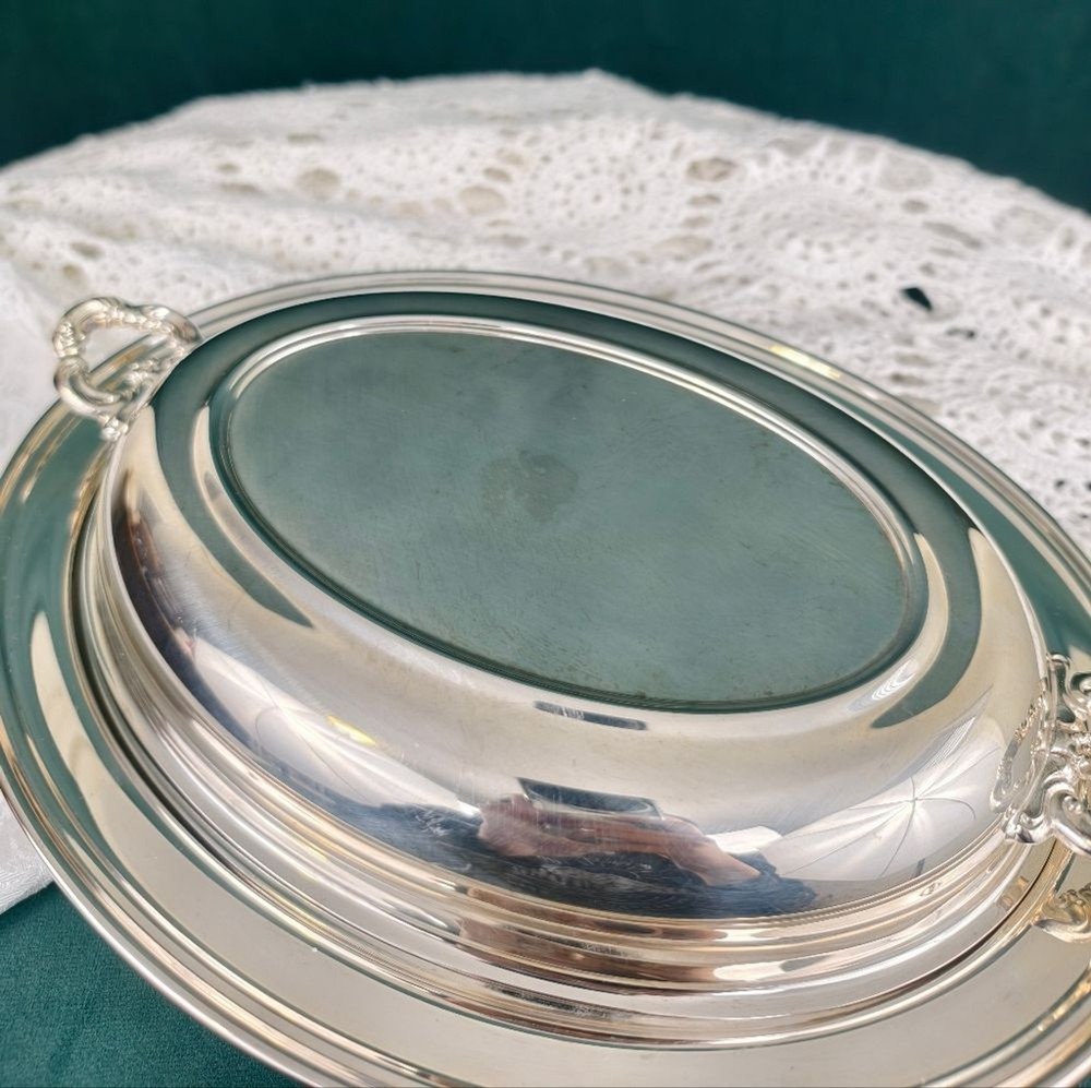Vintage Elegant Silver Oval Serving Dish with Glass Dish