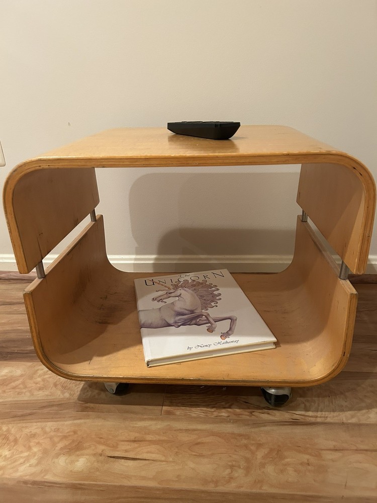 Vintage Danish Industrial Bentwood Rolling Cube Side/End Table