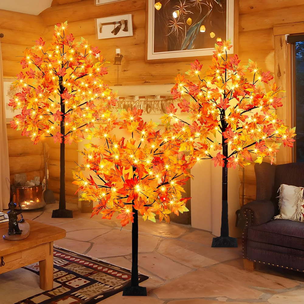 3 Pack Lighted Maple Tree, 4FT 5FT 6FT Artificial Fall Tree with 216 Lights