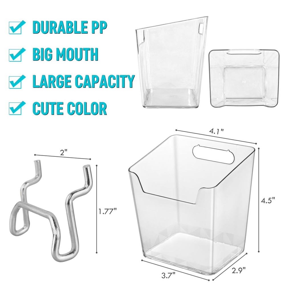 G.CORE Large Pegboard Cups Peg Board Storage Bin 6 Pack with Hooks, Clear