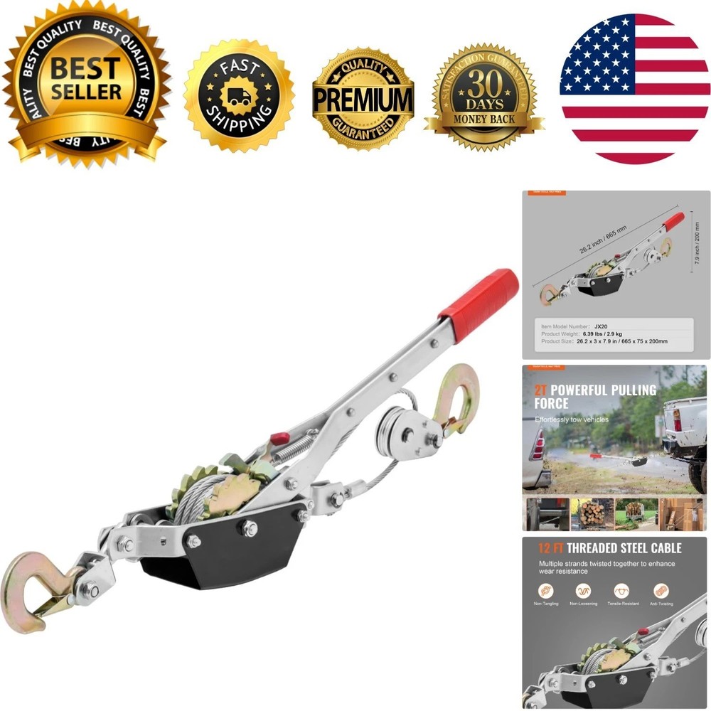 Come Along Winch, 2 Ton 4,409 lbs Pulling Capacity, 12 ft Steel Cable, 2 Hook...