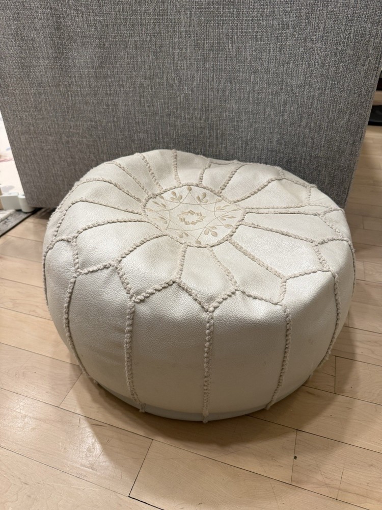 Handmade Moroccan White Embroidered Leather Round Pouf Ottoman