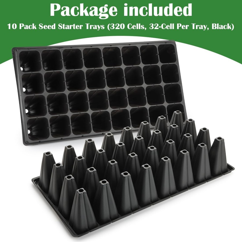 10 Pack 32 Cell Seed Starter Trays - Extra Deep 4.33" Plastic Nursery Trays, ...