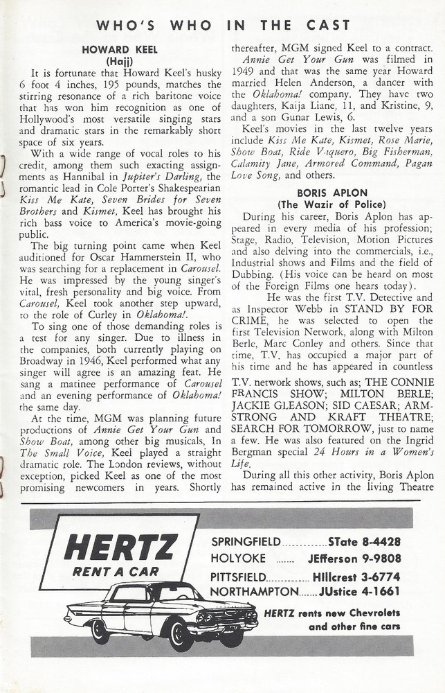 Howard Keel "KISMET" Dennis Cole / Wright & Forrest '62 West Springfield Program