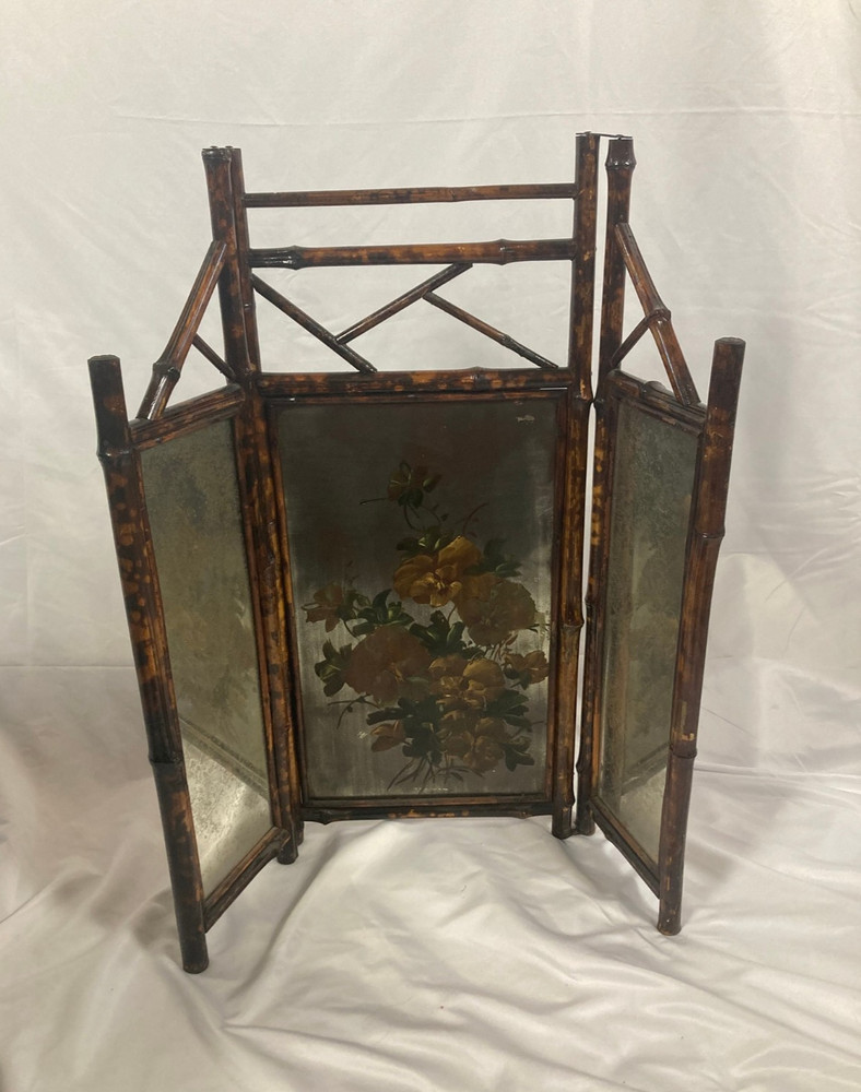 Antique Victorian Aesthetic Movement Bamboo Folding Fire Screen | Hand-Painted