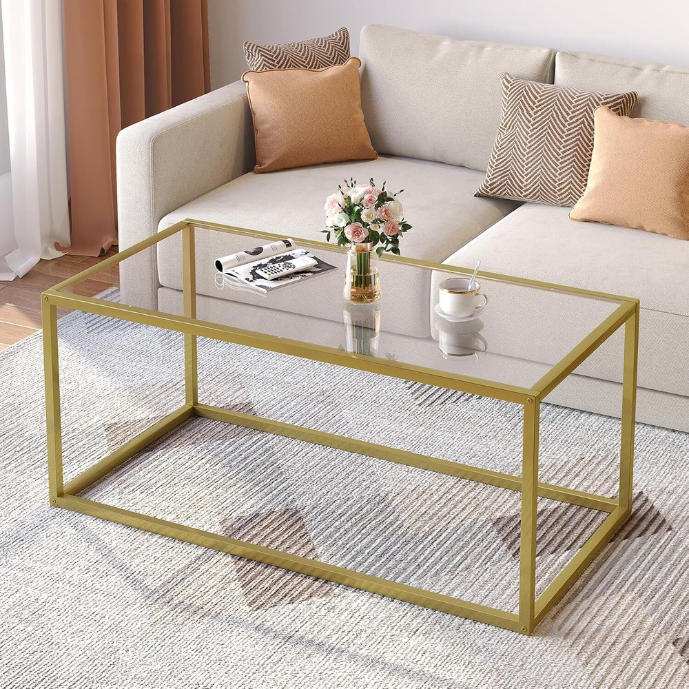 SAYGOER Gold Coffee Table Glass Tables Modern Rectangular Center