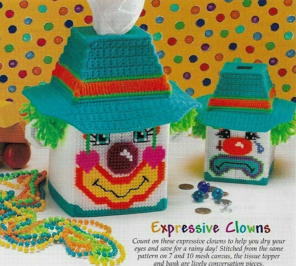 EXPRESSIVE CLOWNS TISSUE COVER & BANK PLASTIC CANVAS PATTERN INSTRUCTIONS