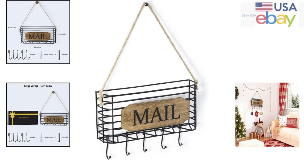 Elegant Rustic Mail Holder and Key Organizer with Hooks - Space Saving Design