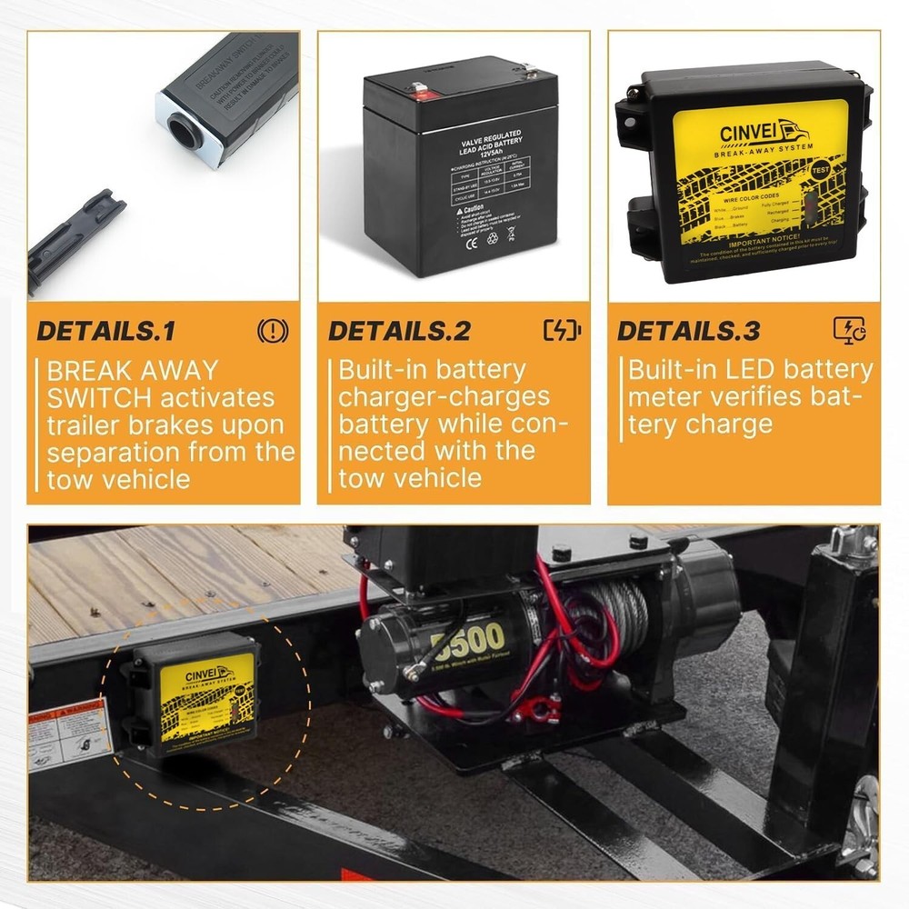 Trailer Brakes Breakaway Kit with Charger, LED Indicator, Switch, 12V5AH Battery