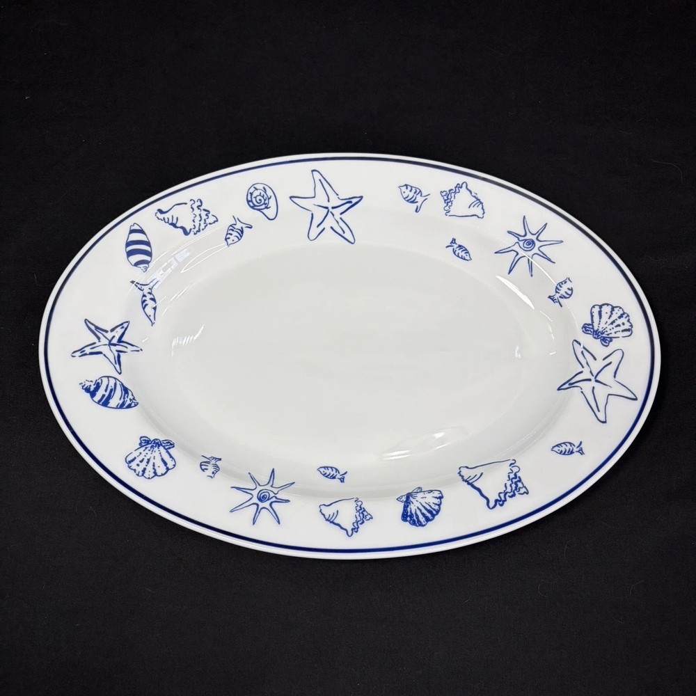 Serving Platter Elliot Bay Pattern White With Blue Seashell Fish & Trim 15”