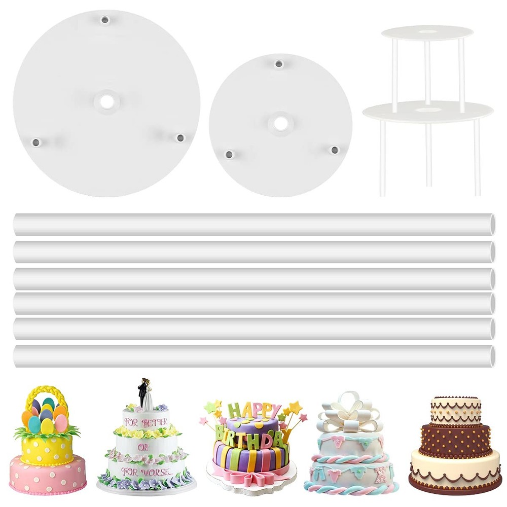 2 Tier Cake Separator Plates 6 Pieces Pillars Set Dowels Stacking 16cm 18cm