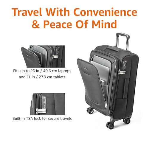 AMAZON BASIC CARRY ON LUGGAGE SOFTSIDE SUITCASE TSA LOCK 8 SPINNER WHEELS BLACK