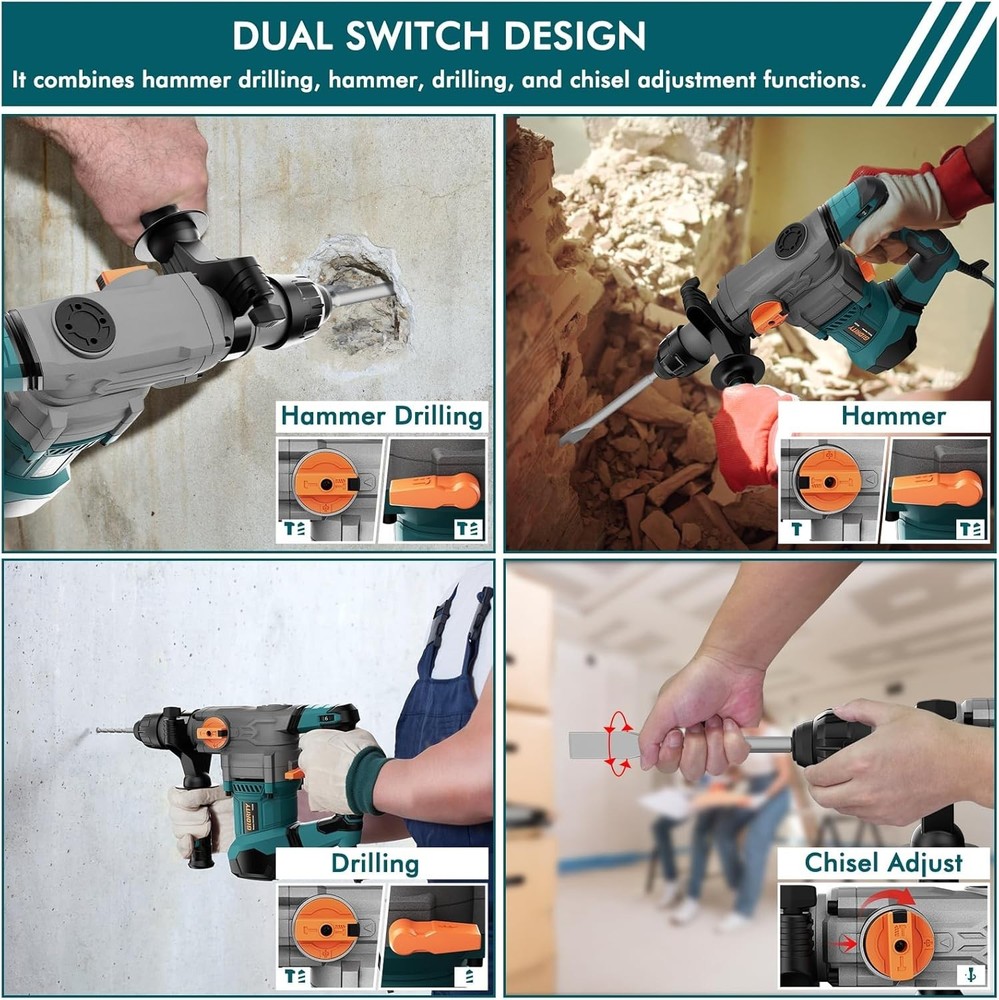 Heavy Duty Rotary Hammer Drill 13 Amp SDS-Plus 4 Functions Variable Speed