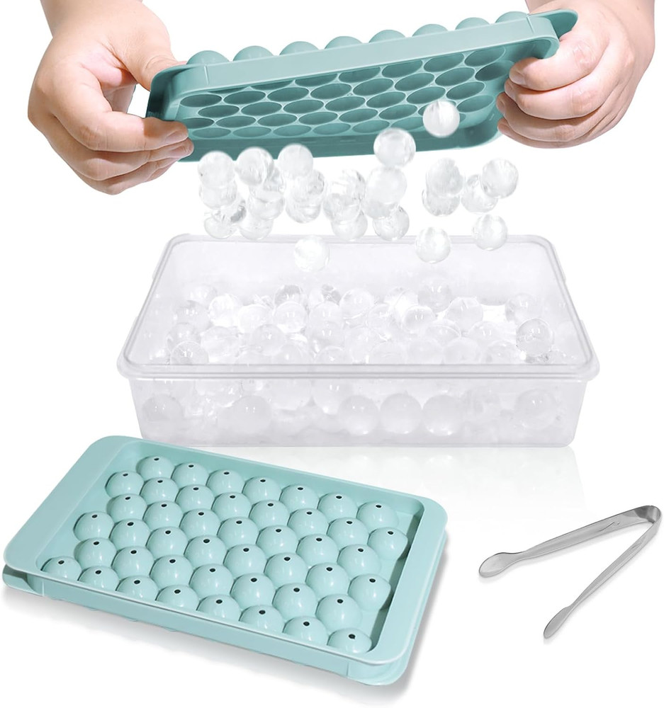 2-Pack Round Ice Cube Trays with Lid & Bin – Freezer Ice Container, Blue, 0.8"