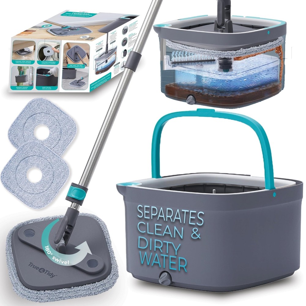True Clean Spin Mop & Bucket System – Dual Compartment Design for Clean & Dir...
