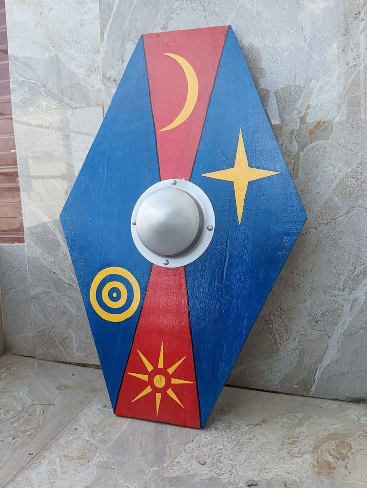 Medieval Hexagonal Wooden Shield Hand Painted Celestial Design LARP & Wall Decor