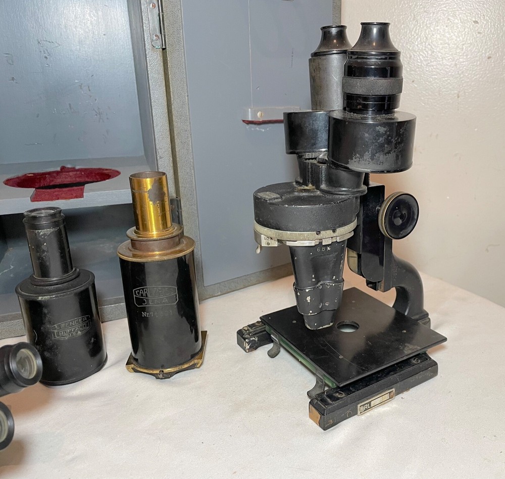 antique Carl Zeiss Spencer Buffalo binocular lab microscope brass attachments
