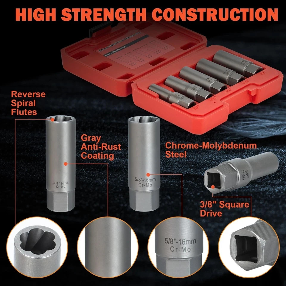 5PCS Deep Bolt Extractor Kit, Easy Out Spark Plug Socket Set, Ez...