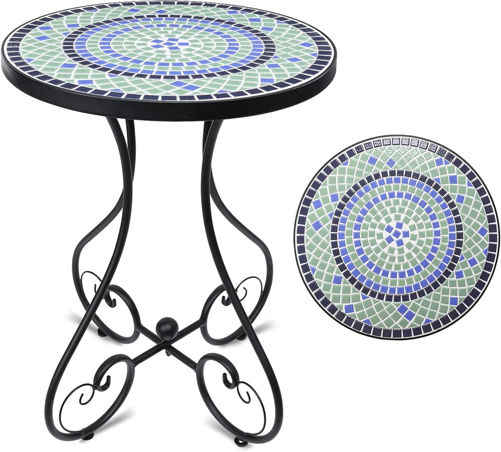 Mosaic Outdoor Side Table, Round Rustproof Patio Table with 14" Ceramic Tile Top