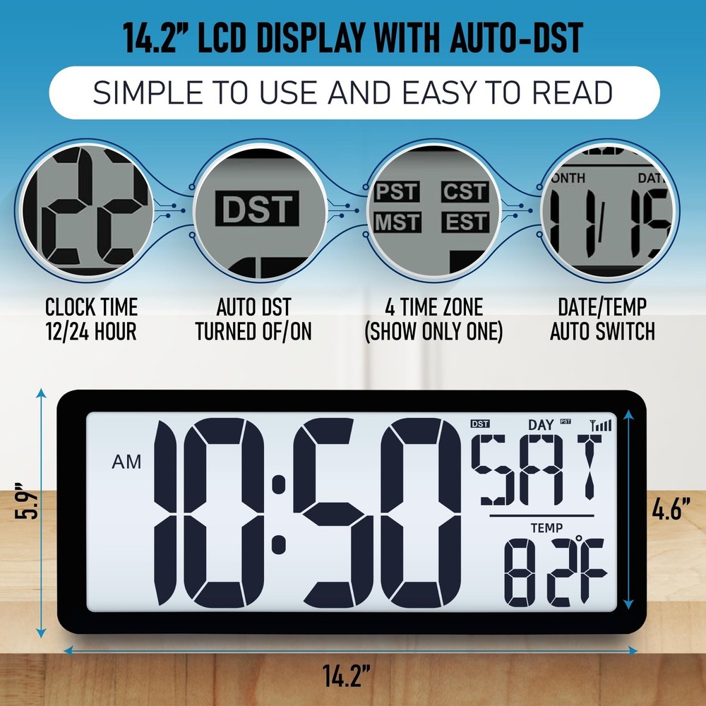 TXL Atomic Clock with Backlight, 14.2" Large Digital Wall Clock Battery Opera...