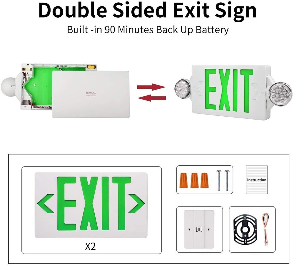 2 Pack LED Exit Sign Emergency Light–Hi Output Compact Combo UL listed (Green)