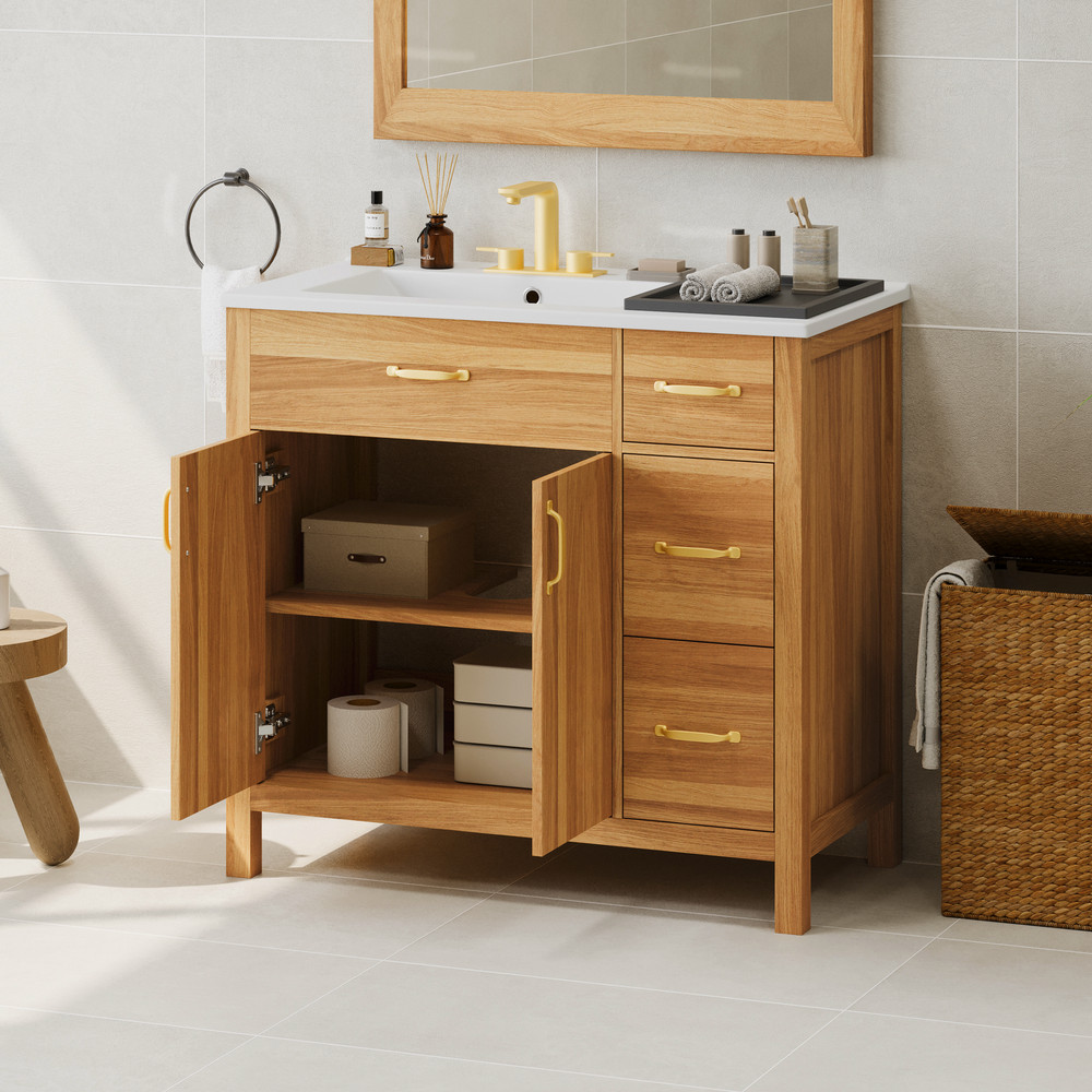 36" Wood Bathroom Vanity with Solid Wood Frame, 2 Soft Close Doors, 3 Soft Clo