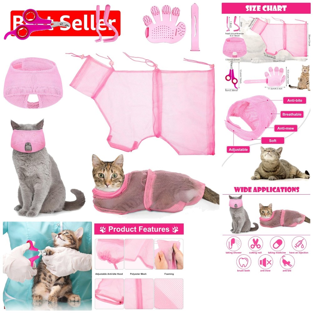 Pink Cat Bathing Set: 5 Essential Tools including Muzzle & Grooming Bag - Large