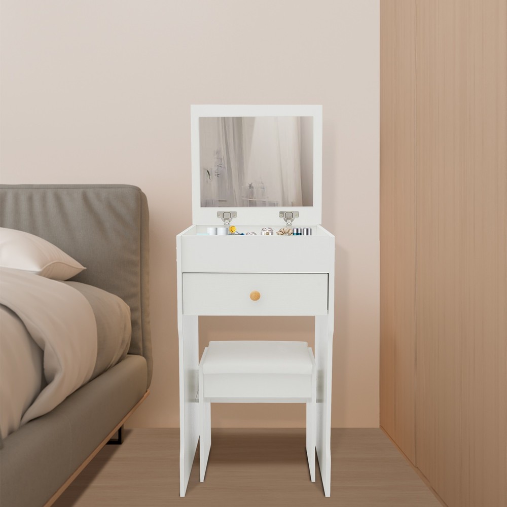 Vanity Table With Mirror, Compact Makeup Vanity W/ Storage Compartments & Stool