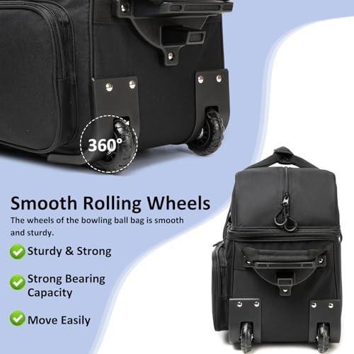 Double Roller Bowling Bag with Wheels, 2 Ball Capacity, Shoe Compartment & Acces