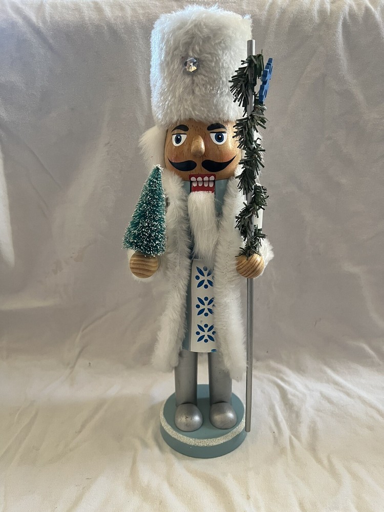 Holiday White Fur Coat Long Hat Nutcracker 14”Holding Tree