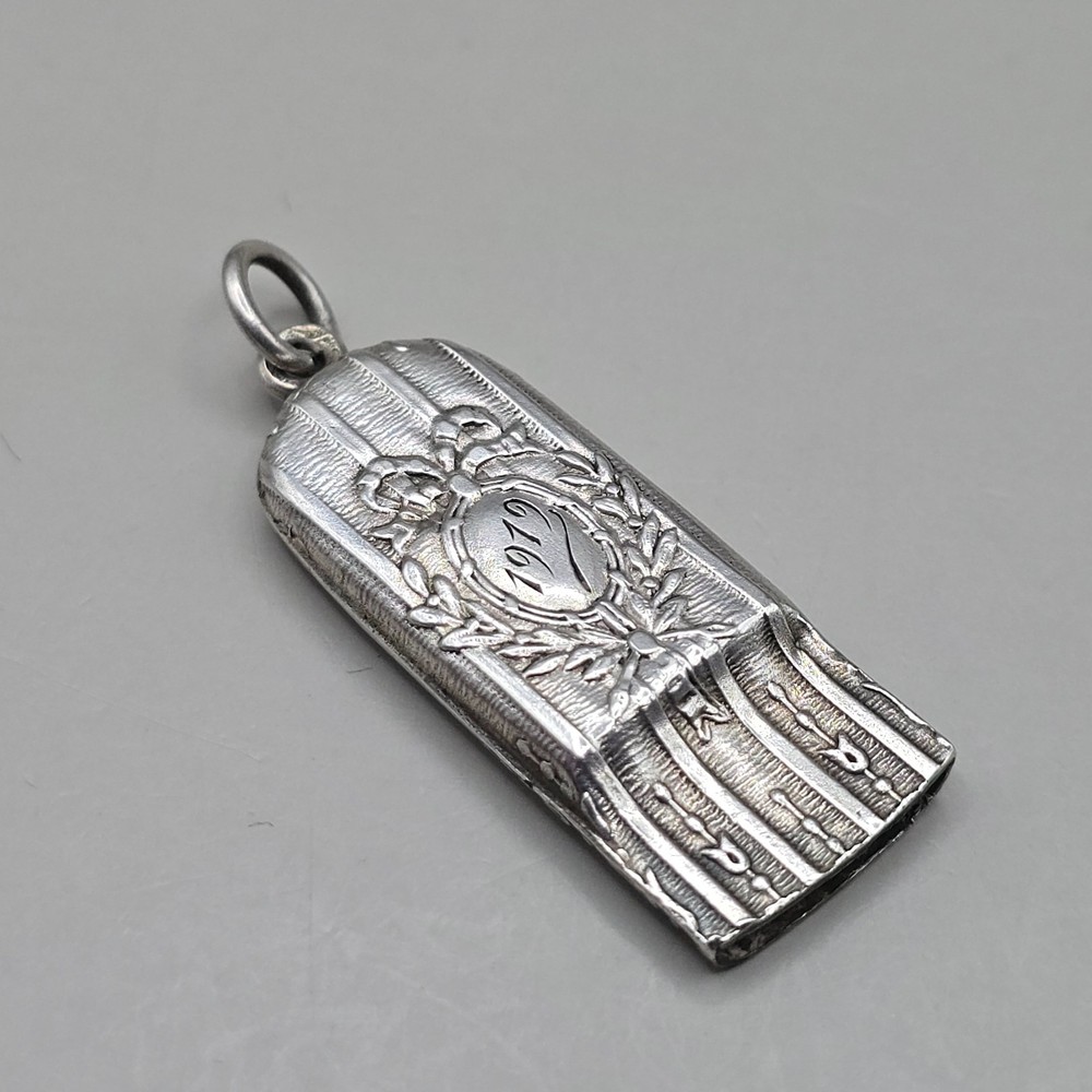 Antique Solid Silver Repousse Whistle Pendant Monogram Floral Design