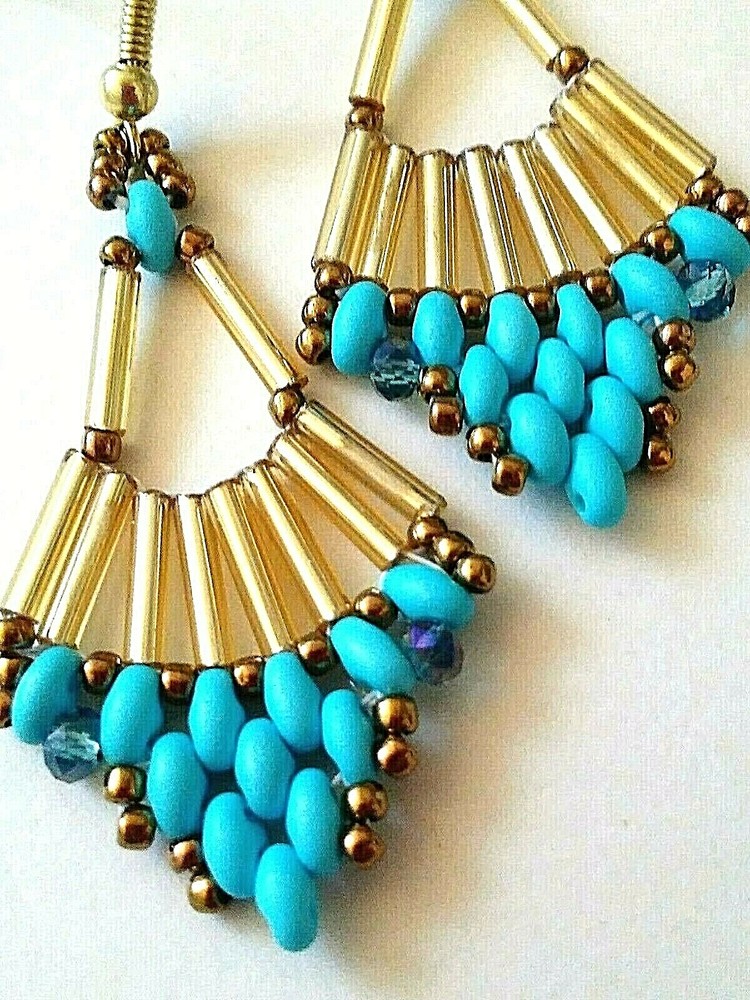 Handmade Gold Aqua Fan Beaded Earrings
