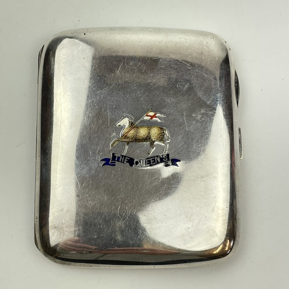 Antique Solid Silver Enamel Cigarette Case Queens Royal West Surrey Reg 1916