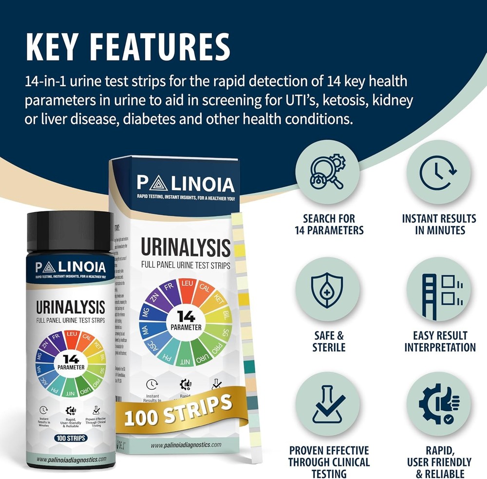 14-in-1 Urine Test Strips Full Panel, 100 Count, Urinalysis Testing for General