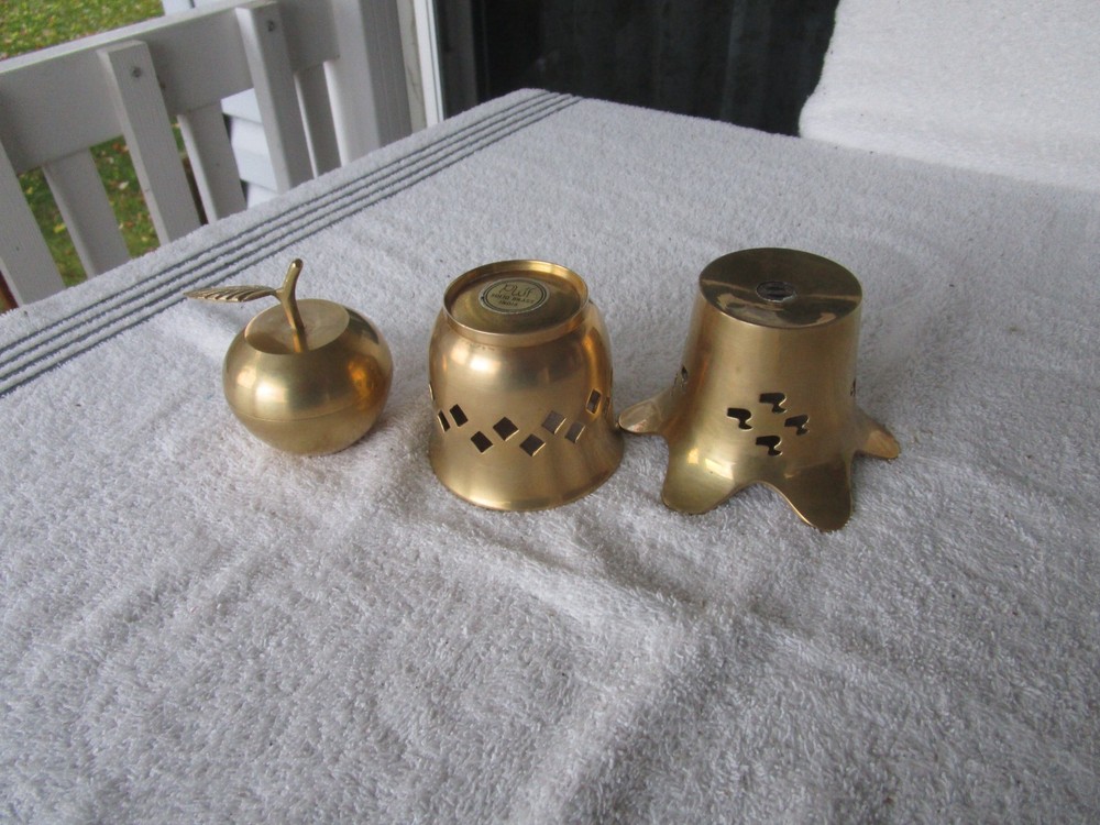 SET OF 3 ~SOLID BRASS ~ [ APPLE DESIGN STASH BOX ]~+PIERCED CANDLE HOLDERS!!!