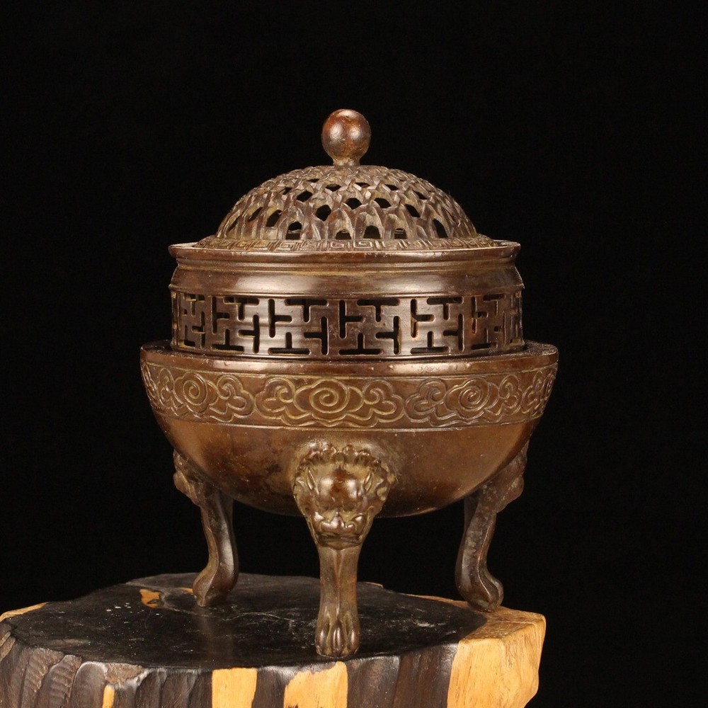 China Antique Copper Collection Net Cover Three Layer Incense Burner