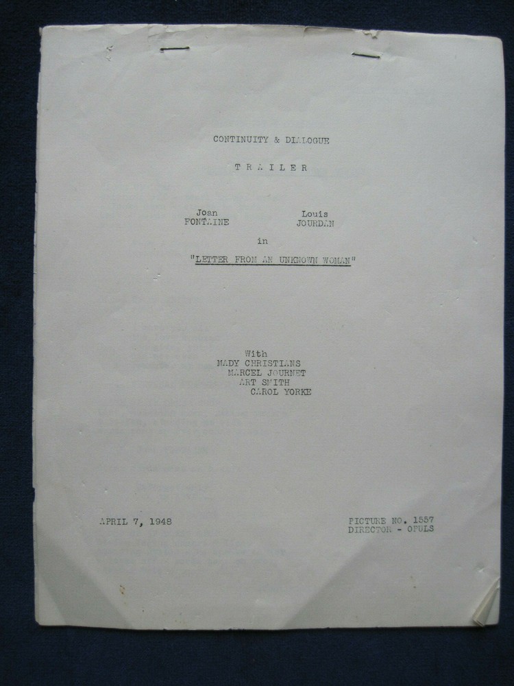 ORIGINAL CONTINUITY & DIALOGUE SCRIPT for MAX OPHULS' LETTER TO AN UNKNOWN WOMAN