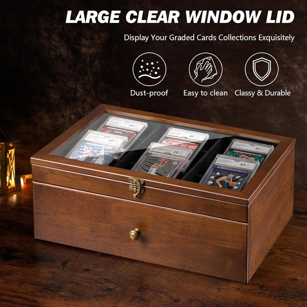 70+ Graded Card Storage Box with Custom Drawer, Wood Storage Display Case wit...