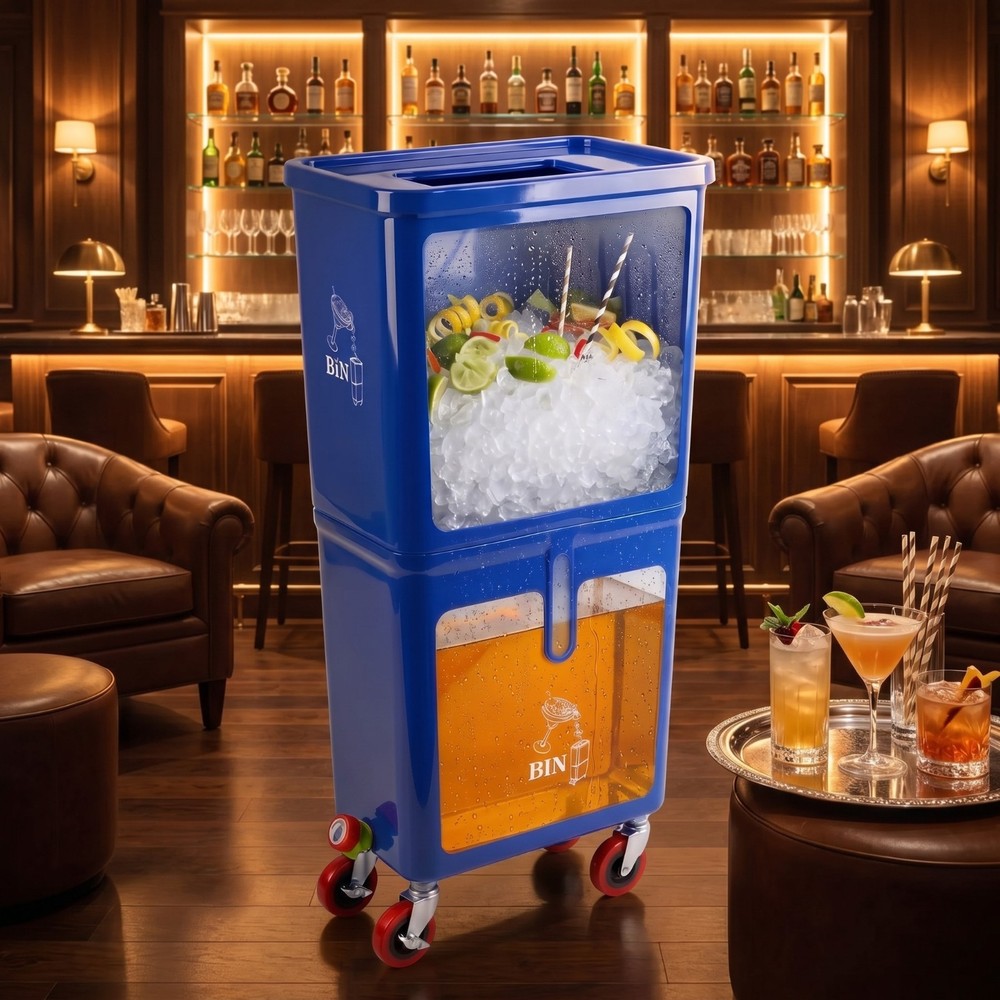 Blue Drink Dump Bin w/ Wheels – Dual Compartment Liquid & Trash Disposal