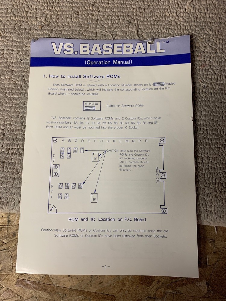 original Vs Baseball System Nintendo Arcade Game manual